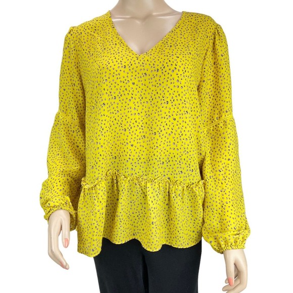 Pleione Anthropologie Yellow Top w/purple Dots LARGE Crochet Trim Ruffle Hem - Picture 1 of 11
